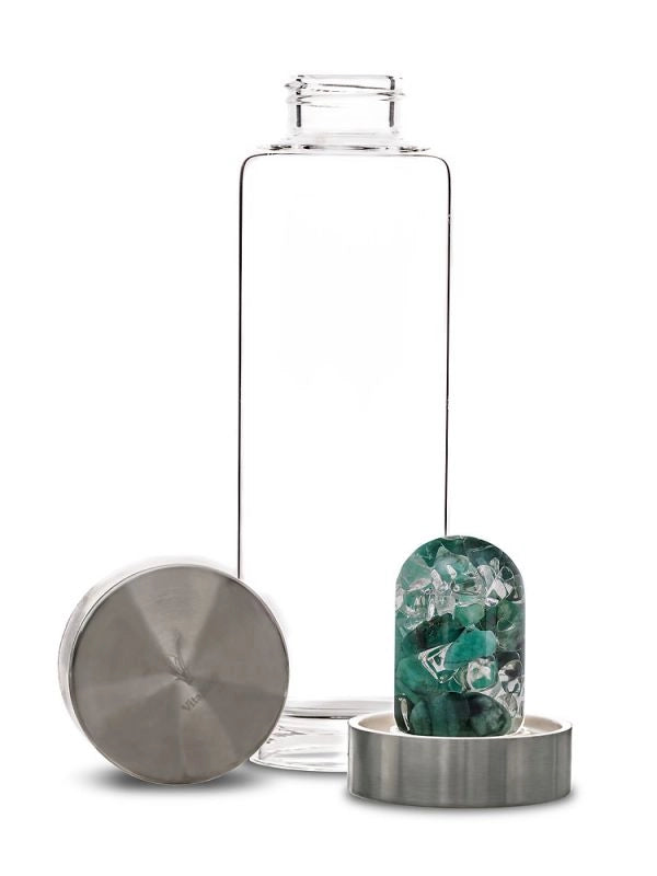 Disassembled view of the ViA Gemstone Water Bottle - Vitality, highlighting the removable GemPod base containing Emerald and Clear Quartz.