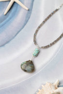 A detailed view of the labradorite and turquoise pendants on the sterling silver necklace, accentuated by a wavy blue background and decorative starfish.