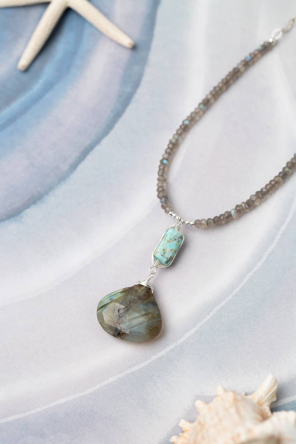 A detailed view of the labradorite and turquoise pendants on the sterling silver necklace, accentuated by a wavy blue background and decorative starfish.