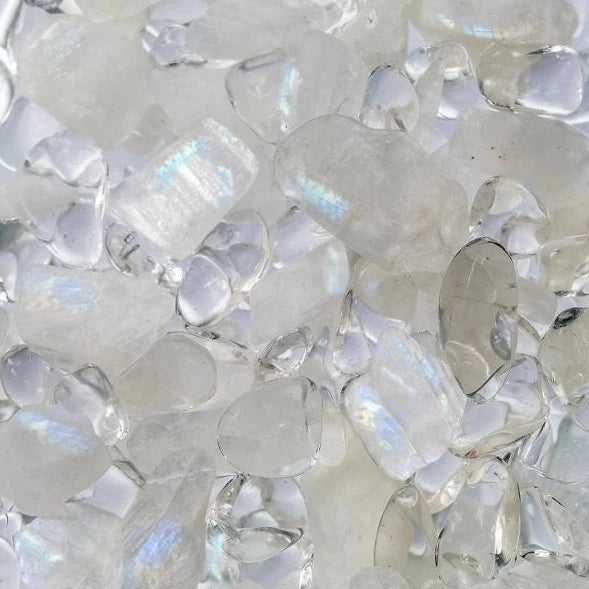 close up view of moonstone and clear quartz