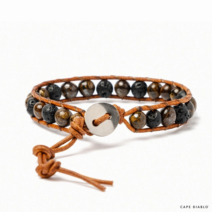 Back view of an adjustable bronzite & lava stone bracelet