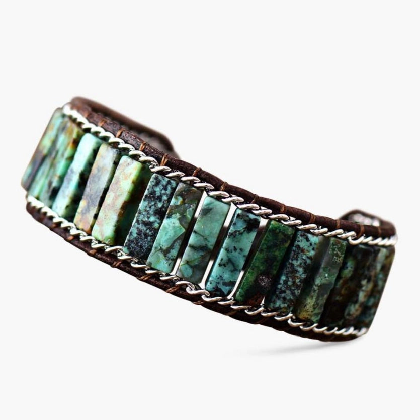 Front view of the Oceanic Turquoise Cuff Bracelet, featuring a unique rectangle gemstone design