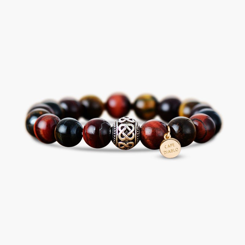 Front view of an a red tiger eye beaded bracelet with a Buddha charm