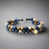 Front view of a double row, beaded, adjustable sodalite & jasper bracelet