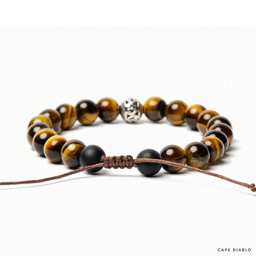 Back view of adjustable, tiger eye tibetan beaded bracelet