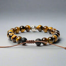 Back view of adjustable, tiger eye tibetan beaded bracelet