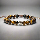 Front view of adjustable, tiger eye tibetan beaded bracelet