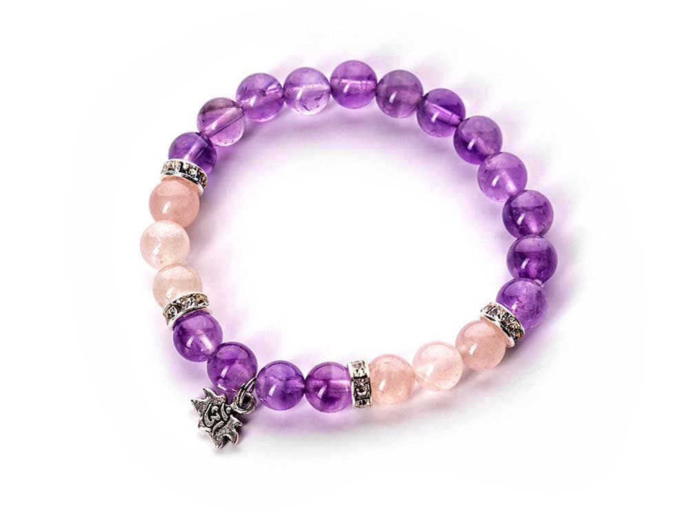 Top view of the Amethyst and Rose Quartz Tranquility Bracelet showcasing its intricate design with Amethyst and Rose Quartz stones for positive vibrations and harmony.