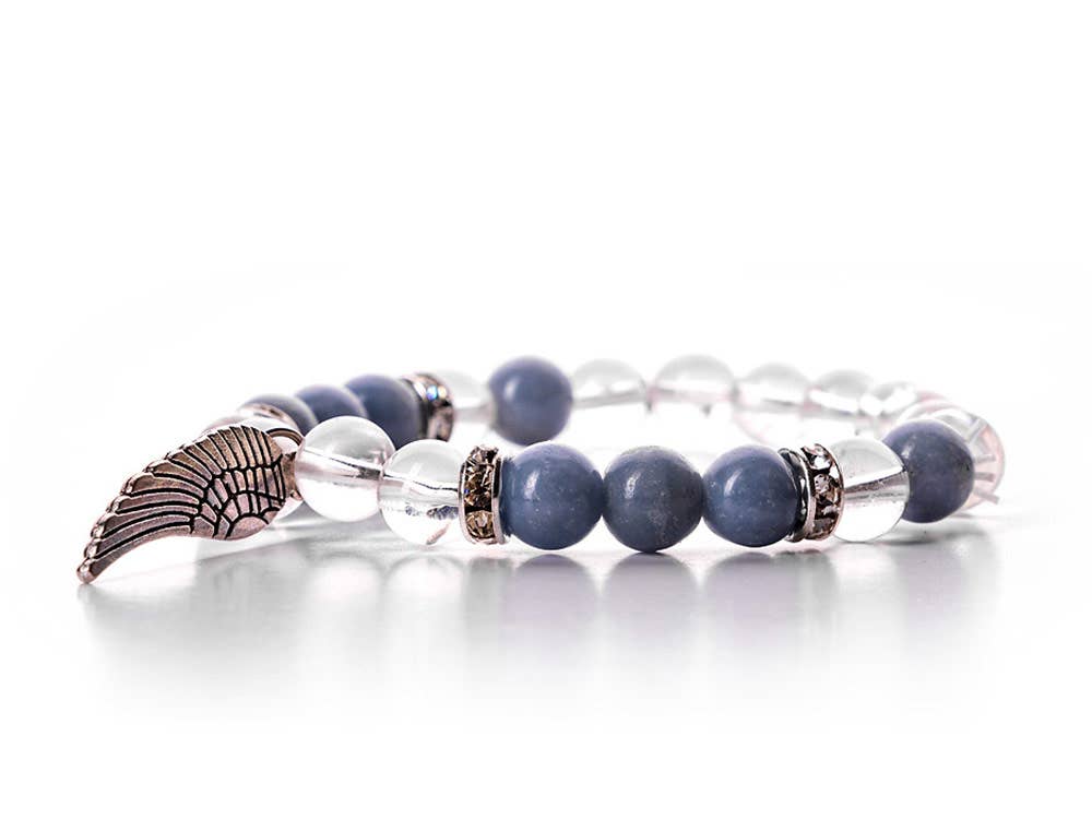 Close-up view of the Angelite Guidance Bracelet. The bracelet features Angelite beads, known for their gentle energy and ability to provide protection, support, and comfort.