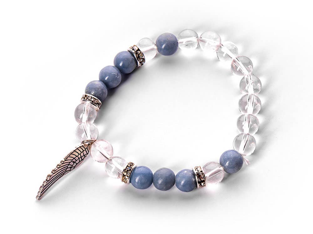 Top view of the Angelite Guidance Bracelet showcasing its intricate design with Angelite beads for stress relief and emotional cleansing.