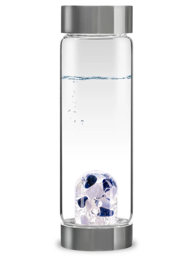  Front view of the ViA Balance Gemstone Water Bottle showcasing the GemPod base with Sodalite, Chalcedony, and Clear Quartz.