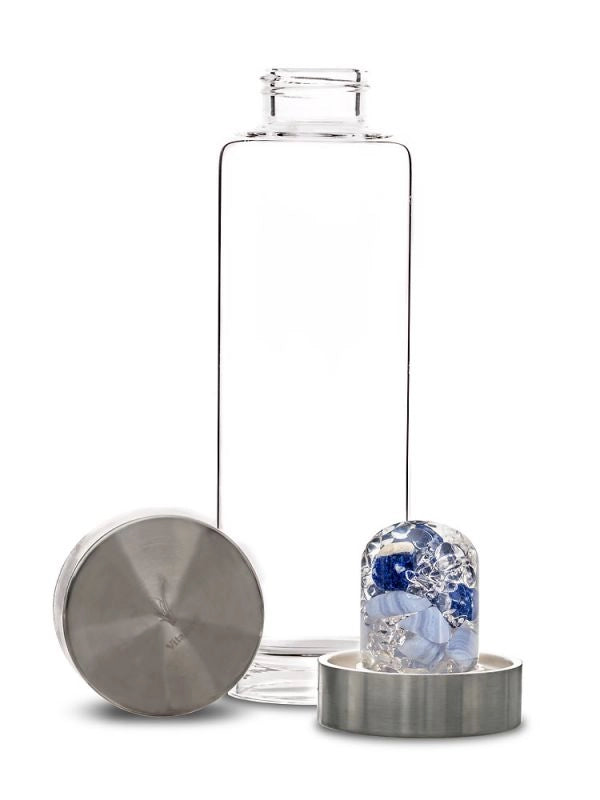 Disassembled view of the ViA Balance Gemstone Water Bottle with the removable GemPod base containing Sodalite, Chalcedony, and Clear Quartz.