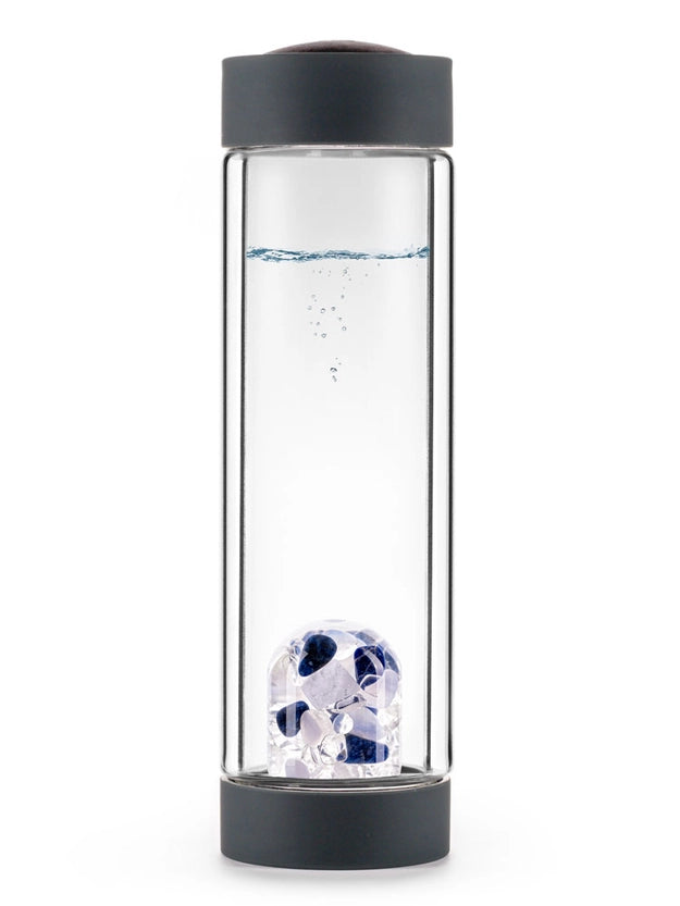 Front view of ViA HEAT Balance glass bottle featuring Sodalite, Chalcedony, and Clear Quartz