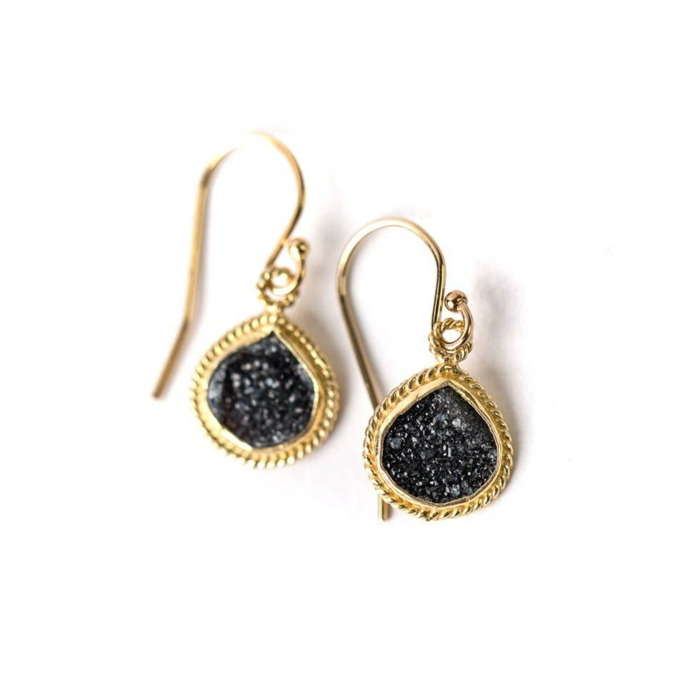 simple gold earrings with a single black druzy stone