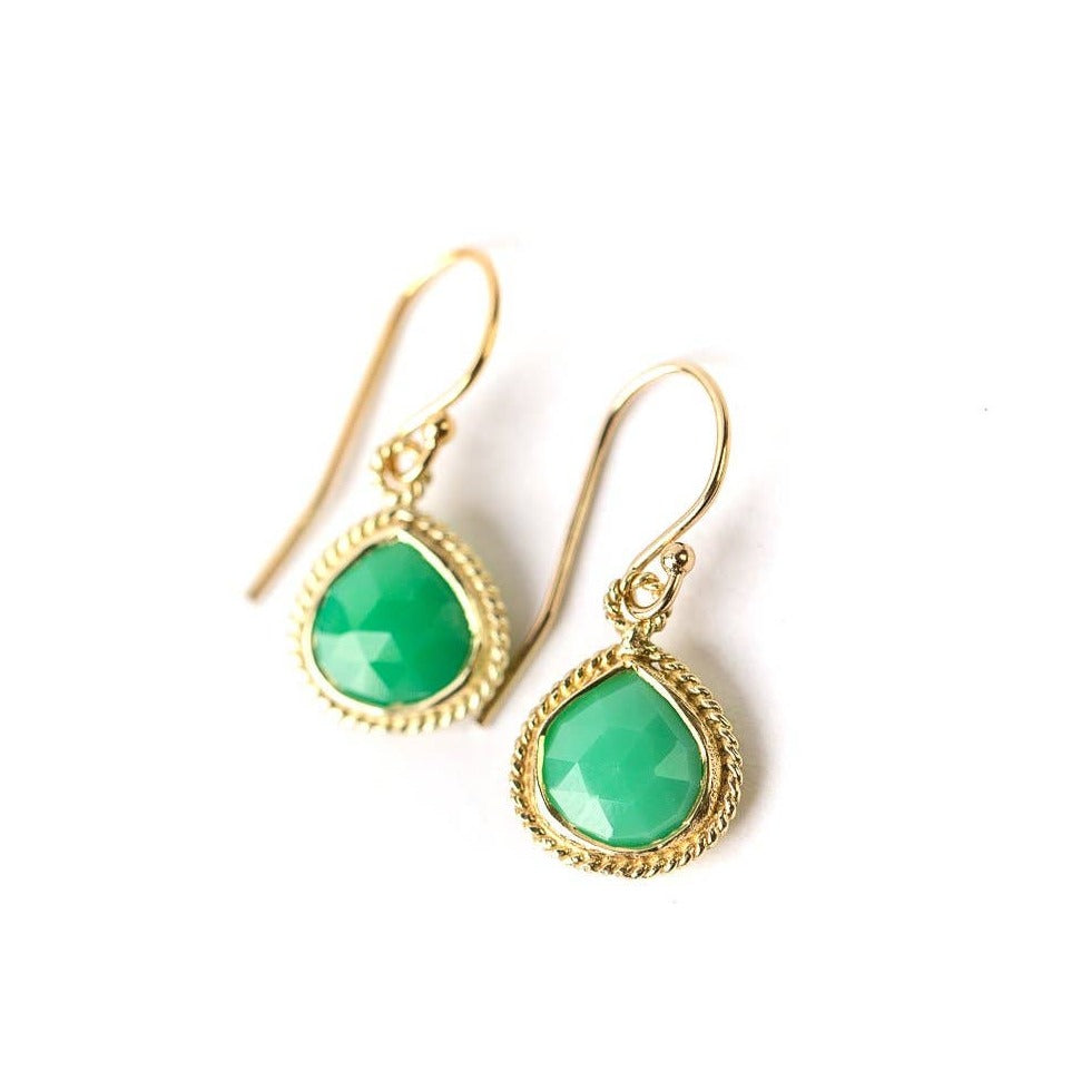 simple gold earrings with a single chrysoprase stone