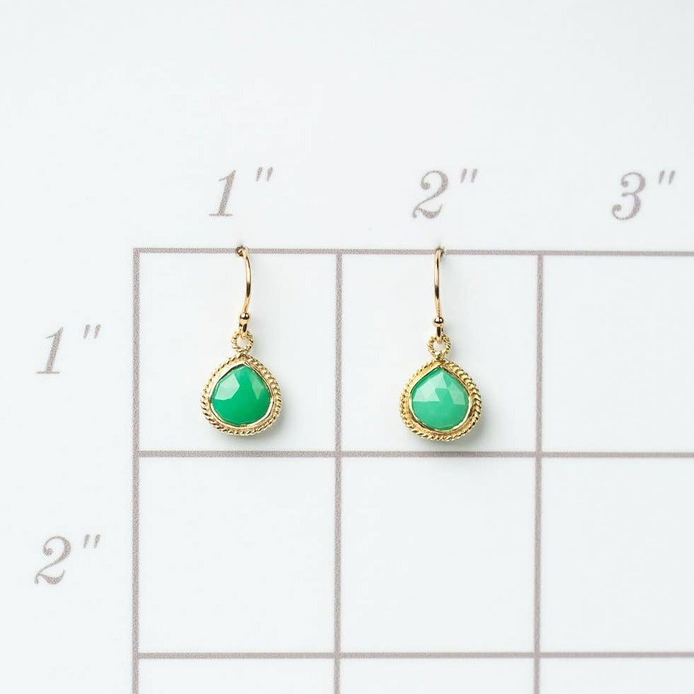 simple gold earrings with a single chrysoprase stone