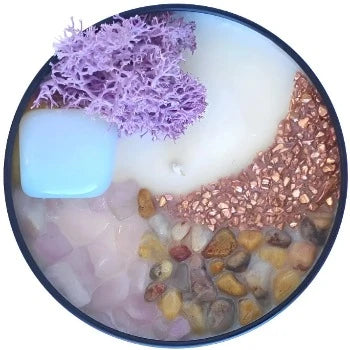 Top view of the 8oz Soy Crystal Intention Candle Cloud Nine with Opalite, Kunzite, Crazy Lace Agate, and Copper crystals, scented with Brown Sugar, Fig, and Moss.