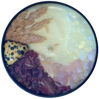 Top view of the 8oz Soy Crystal Intention Candle Coffee and Romance with Dalmatian Jasper, Ruby, Kunzite, and Opalite crystals, scented with Coffee and Almond Macaron.