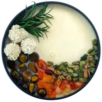 Top view of the 8oz Soy Crystal Intention Candle Desert Rose with Desert Rose, Tigers Eye, Carnelian, and Unakite Jasper crystals. Scented with Lemongrass and Ginger.