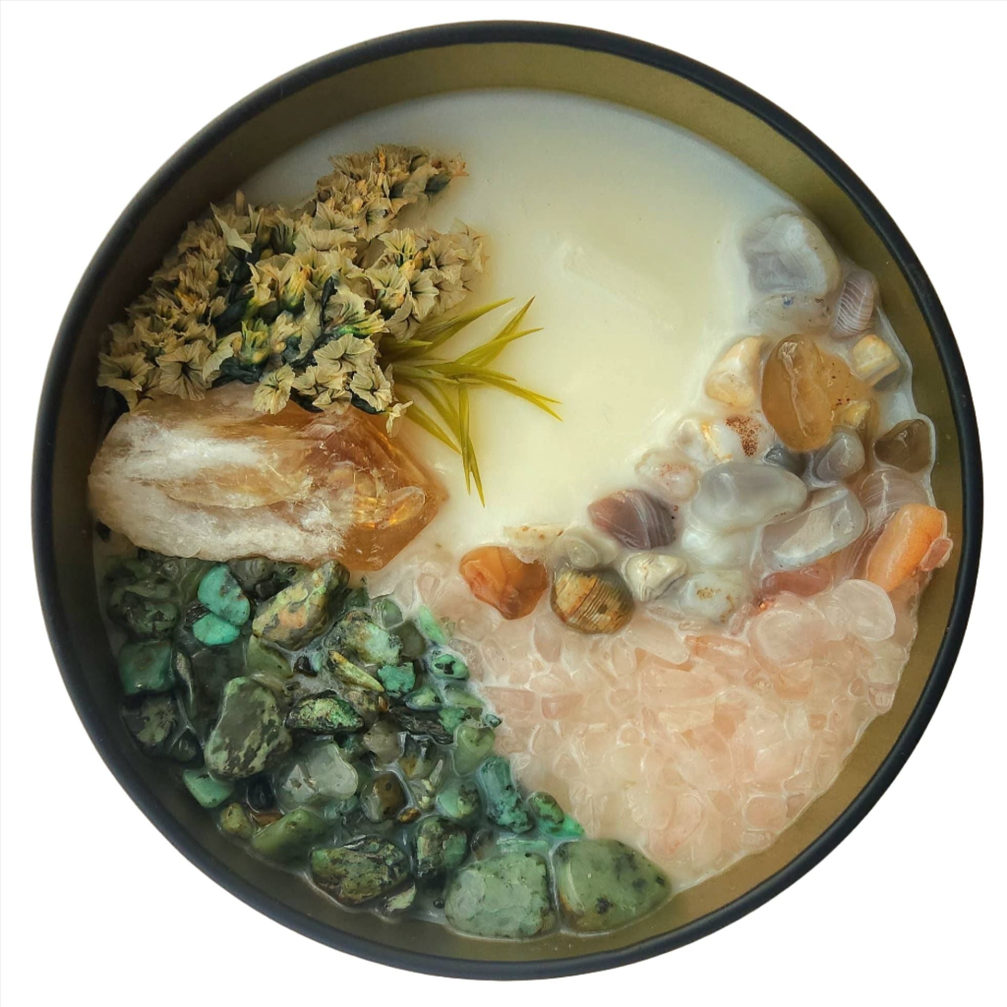 Top view of the 8oz Soy Crystal Intention Candle Demeter with Citrine, African Turquoise, Rose Quartz, and Botswana Agate crystals. Scented with Coconut, Ginger, and Santal.