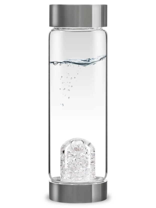 Front view of the ViA Diamonds Gemstone Water Bottle showcasing the GemPod base with Diamond Silvers and Clear Quartz.