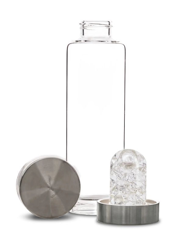 Disassembled view of the ViA Diamonds Gemstone Water Bottle with the removable GemPod base containing Diamond Silvers and Clear Quartz.