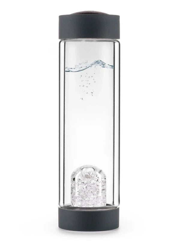 Front view of ViA HEAT Diamonds glass bottle featuring genuine Diamond Slivers and Clear Quartz.