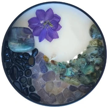 Top view of the 8oz Soy Crystal Intention Candle Dreamscape Shaman with Fluorite, Golden Sheen Obsidian, Iolite, and African Turquoise crystals. Scented with Absinthe, Black Currant, and White Oak.