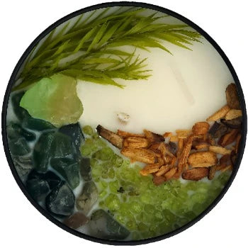 Top view of the 8oz Soy Crystal Intention Candle Earthwalker with Green Calcite, Moss Agate, and Peridot crystals, and Palo Santo wood. Scented with Juniper, Birch, and Pine.