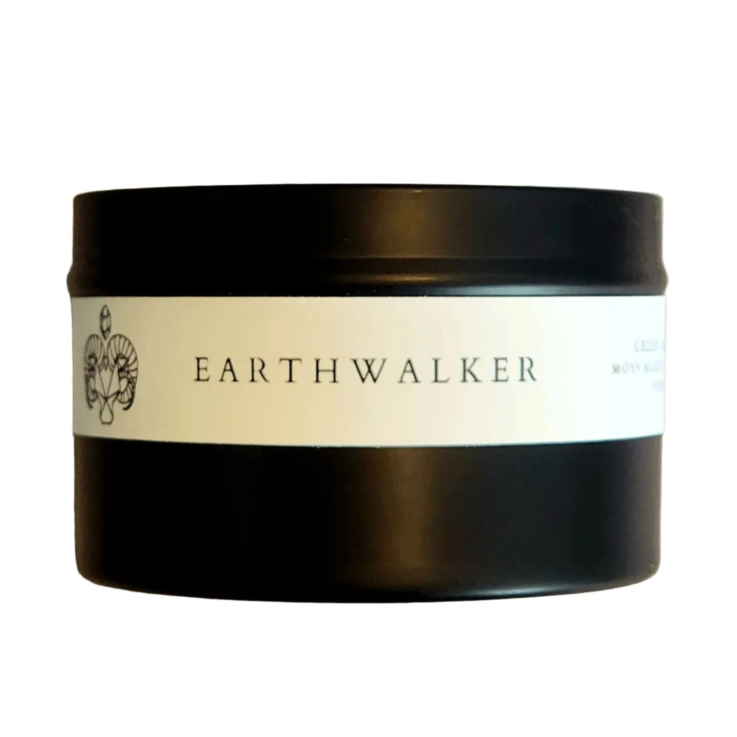 Side view of the 8oz Soy Crystal Intention Candle Earthwalker showing the label with Green Calcite, Moss Agate, and Peridot crystals, and Palo Santo wood. Scented with Juniper, Birch, and Pine.