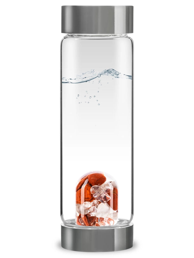 Front view of the ViA Fitness Gemstone Water Bottle showcasing the GemPod base with Red Jasper, Magnesite, and Clear Quartz.