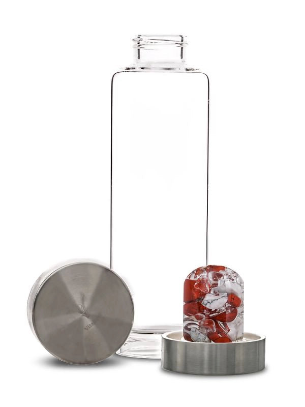 Disassembled view of the ViA Fitness Gemstone Water Bottle with the removable GemPod base containing Red Jasper, Magnesite, and Clear Quartz.