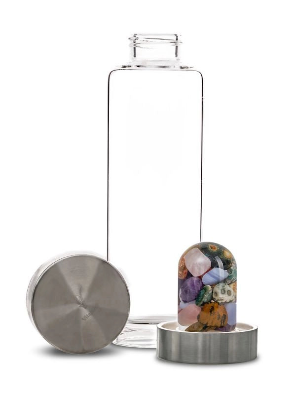 Disassembled view of the ViA Five Elements Gemstone Water Bottle with the removable GemPod base containing Amethyst, Rose Quartz, Chalcedony, Petrified Wood, and Ocean Jasper.