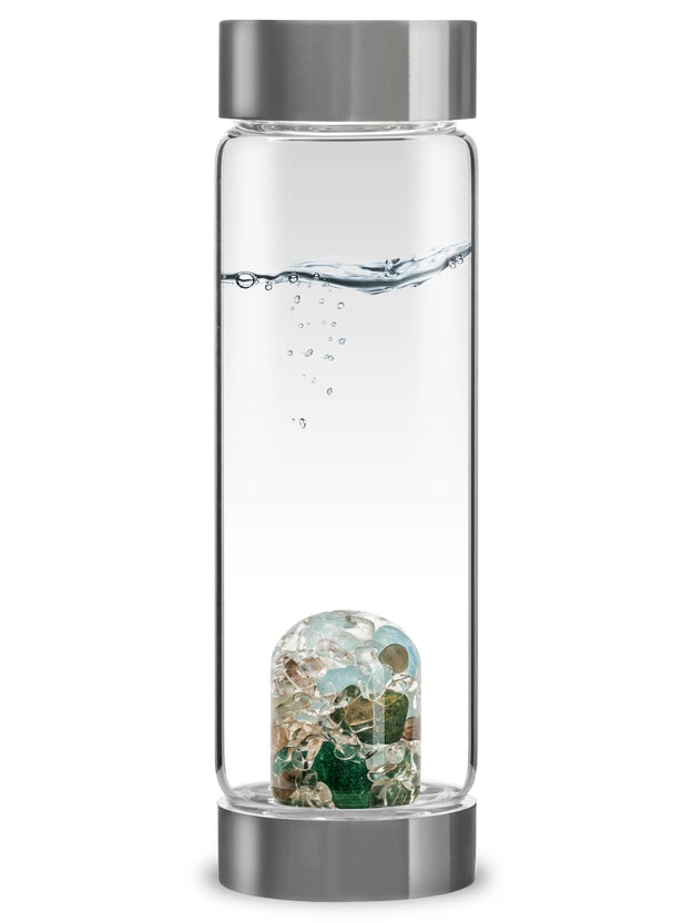 Front view of the ViA Forever Young Gemstone Water Bottle showcasing the GemPod base with Aquamarine, Aventurine, Smoky Quartz, and Clear Quartz.