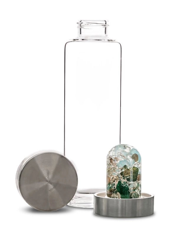 Disassembled view of the ViA Forever Young Gemstone Water Bottle with the removable GemPod base containing Aquamarine, Aventurine, Smoky Quartz, and Clear Quartz.