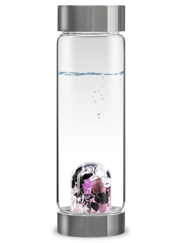 Front view of the ViA Guardian Gemstone Water Bottle showcasing the GemPod base with Black Tourmaline, Amethyst, and Clear Quartz.