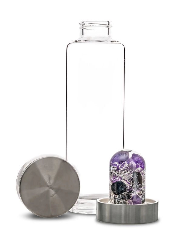 Disassembled view of the ViA Guardian Gemstone Water Bottle with the removable GemPod base containing Black Tourmaline, Amethyst, and Clear Quartz.