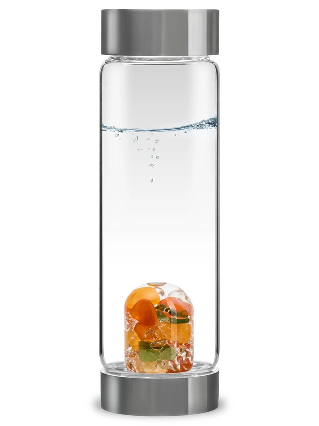 Front view of the ViA Happiness Gemstone Water Bottle showcasing the GemPod base with Jade (Nephrite), Carnelian, Orange Calcite, and Clear Quartz.