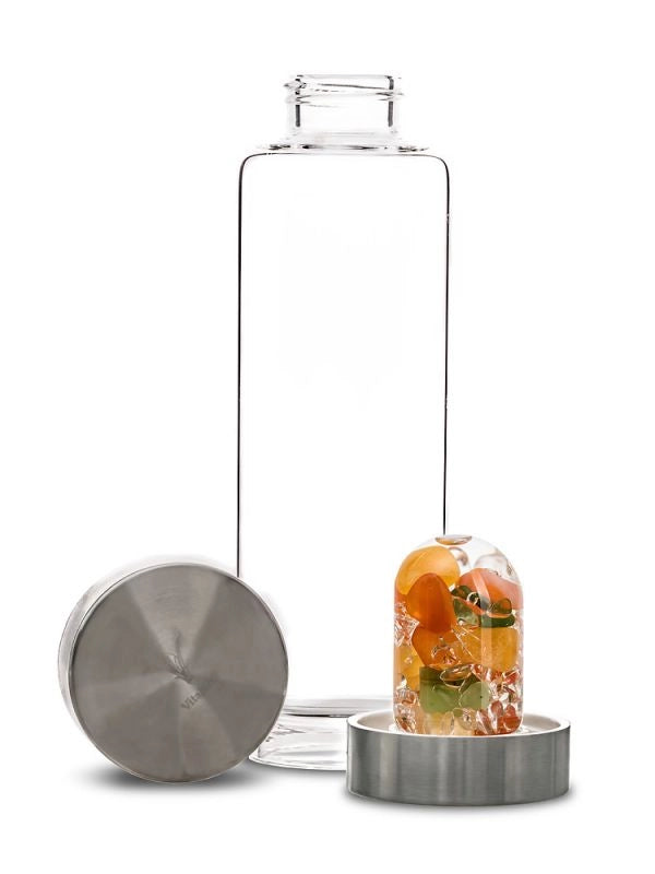 Disassembled view of the ViA Happiness Gemstone Water Bottle with the removable GemPod base containing Jade (Nephrite), Carnelian, Orange Calcite, and Clear Quartz.