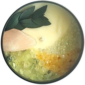 Top view of the 8oz Soy Crystal Intention Candle Heart's Song with Rose Quartz, Prehnite, Citrine, and Aura Quartz crystals. Scented with Grapefruit and Ginger.