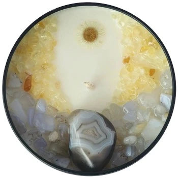 Top view of the 8oz Soy Crystal Intention Candle I Am Air with Botswana Agate, Blue Lace Agate, and Citrine crystals. Scented with Cashmere, Vetiver, and Musk.