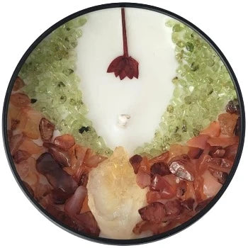 Top view of the 8oz Soy Crystal Intention Candle I Am Fire with Citrine, Carnelian, and Peridot crystals. Scented with Spiced Honey, Sandalwood, and Tonka.