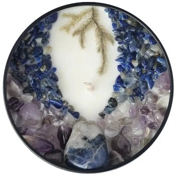 Top view of the 8oz Soy Crystal Intention Candle I Am Water with Sodalite, Amethyst, and Lapis Lazuli crystals. Scented with Sea Salt and Beachwood.