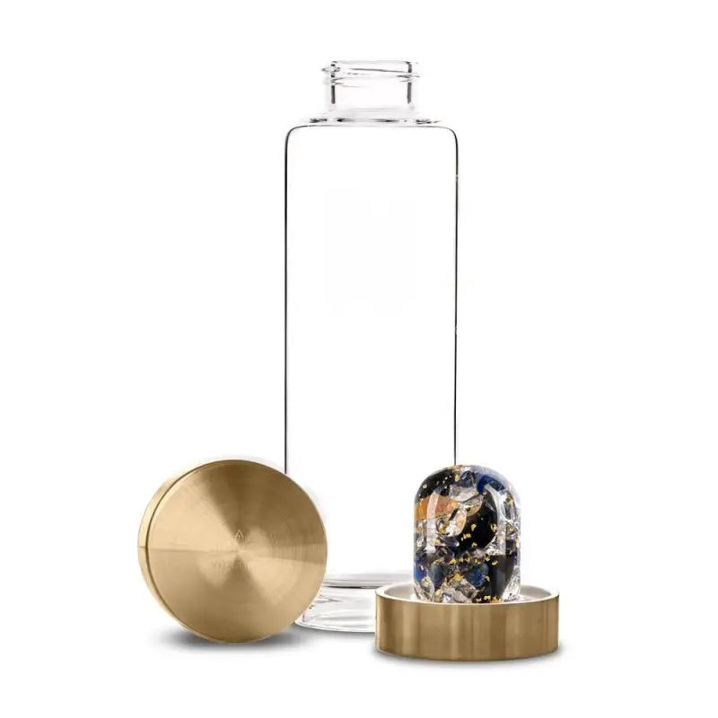 Disassembled view of the ViA Imperia Gemstone Water Bottle - The King, highlighting the removable GemPod base containing Rainbow Obsidian, Lapis Lazuli, Imperial Topaz, Clear Quartz, and 24K Gold.