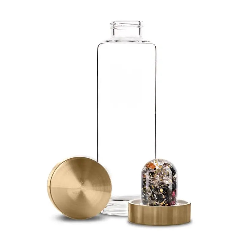 Disassembled view of the ViA Imperia Gemstone Water Bottle - The Queen, highlighting the removable GemPod base containing Rainbow Obsidian, Garnet, Imperial Topaz, Clear Quartz, and 24K Gold.