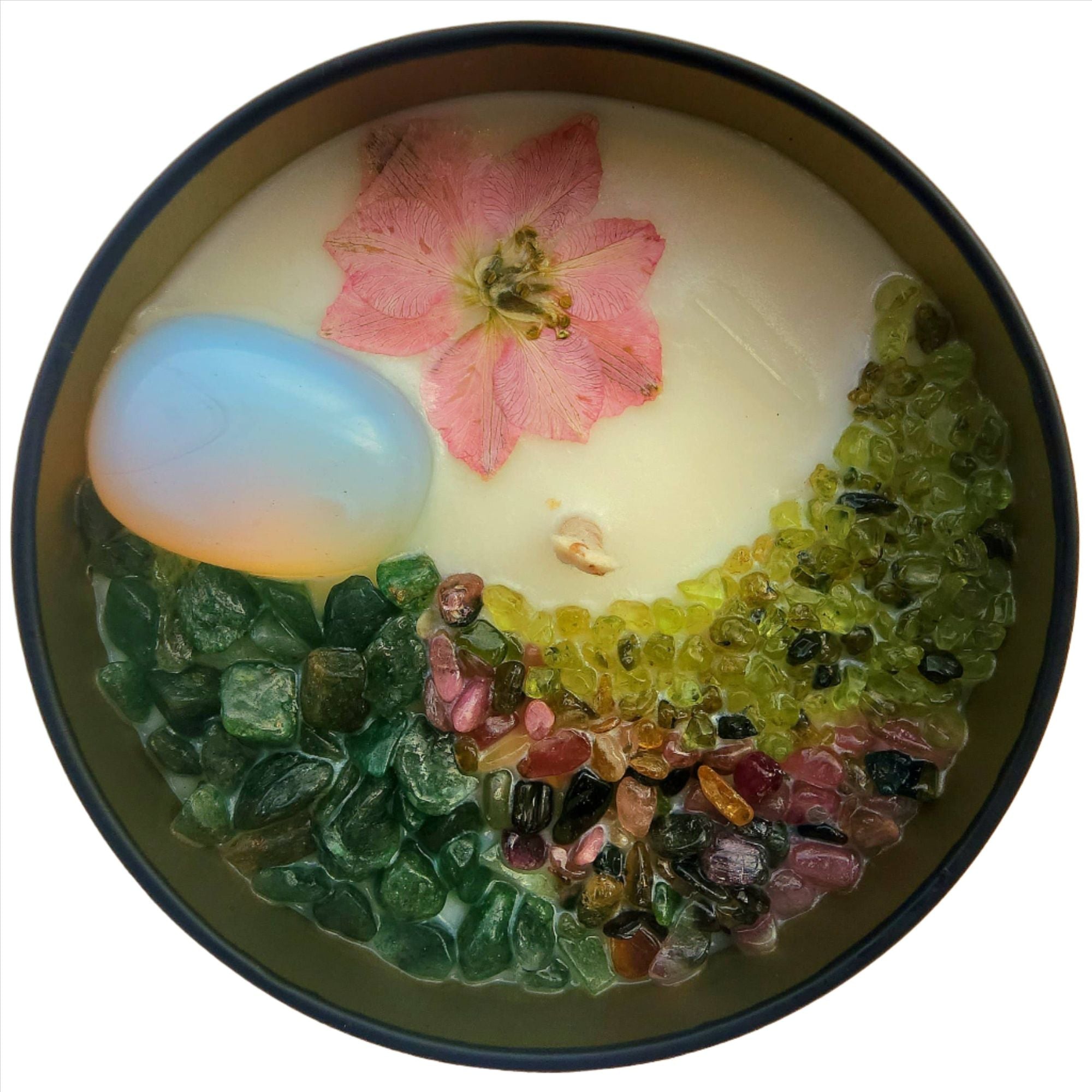 Top view of the 8oz Soy Crystal Intention Candle Kore (Goddess in bloom) with Opalite, Emerald, Mixed Tourmaline, and Peridot crystals. Scented with Crème Brûlée and Wildflower.