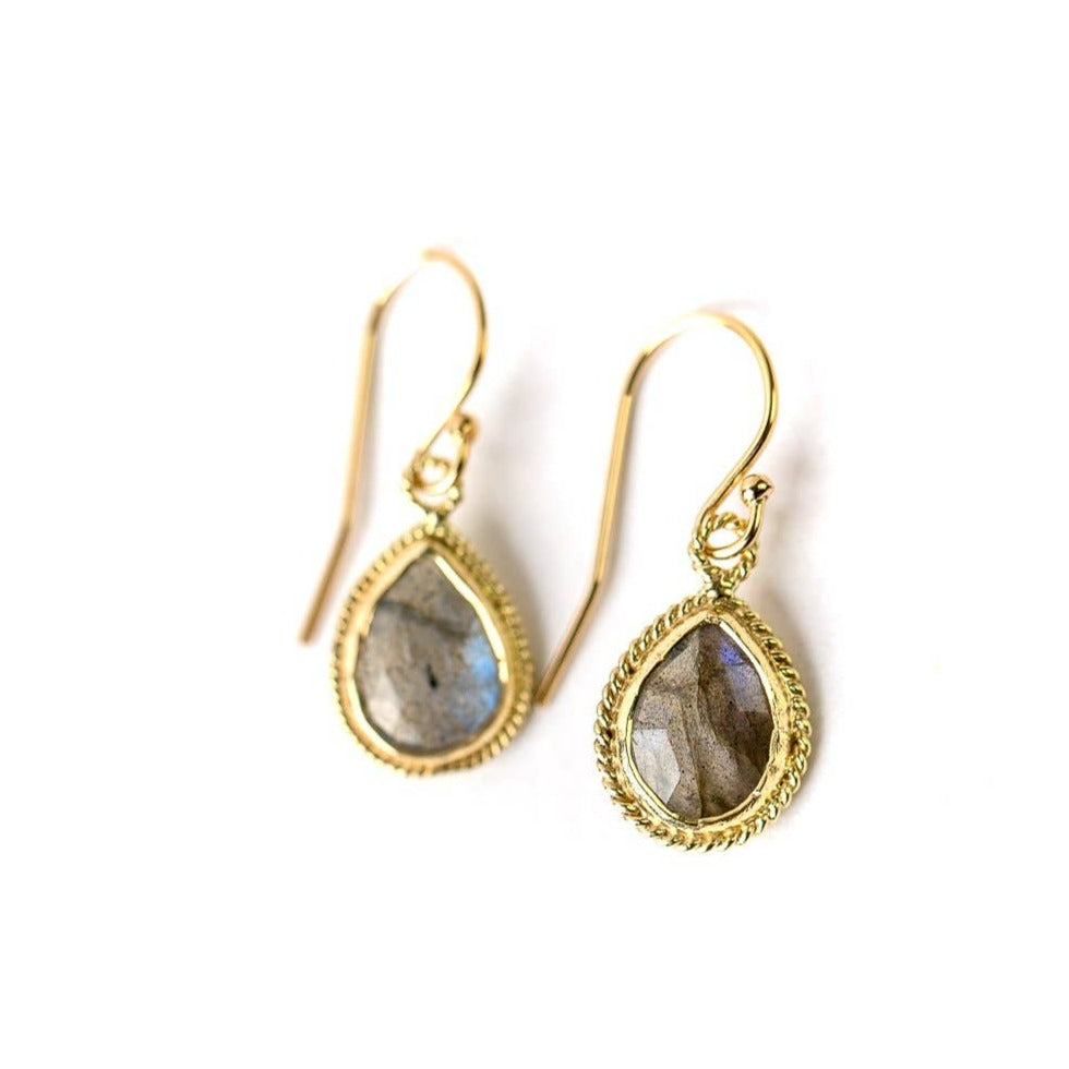 simple gold earrings with a single labradorite stone