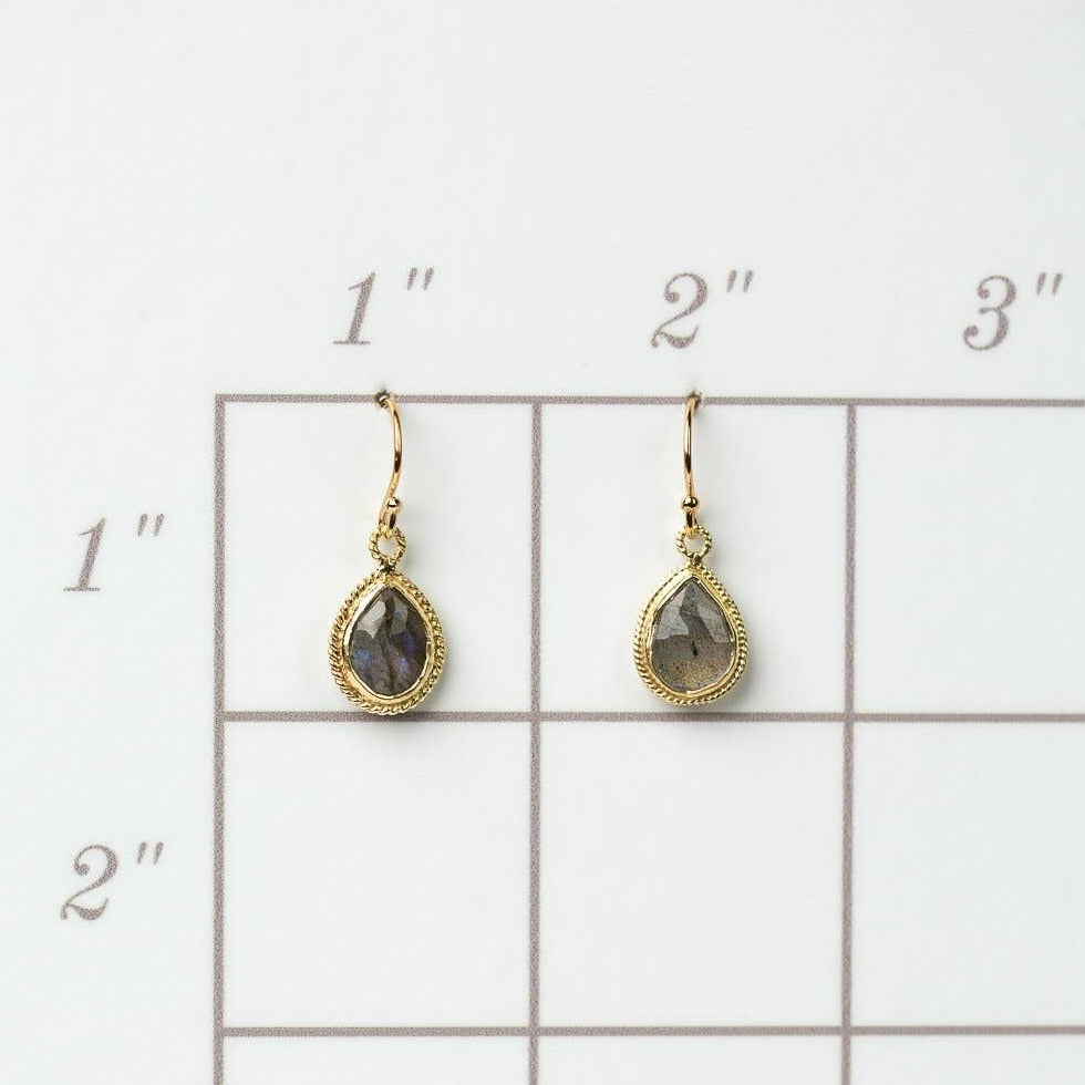 simple gold earrings with a single labradorite stone