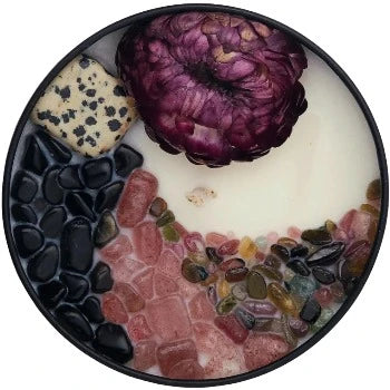 Top view of the 8oz Soy Crystal Intention Candle Lofn with Dalmatian Jasper, Black Obsidian, Strawberry Quartz, and Mixed Tourmaline crystals. Scented with Crème Brûlée and Clove.