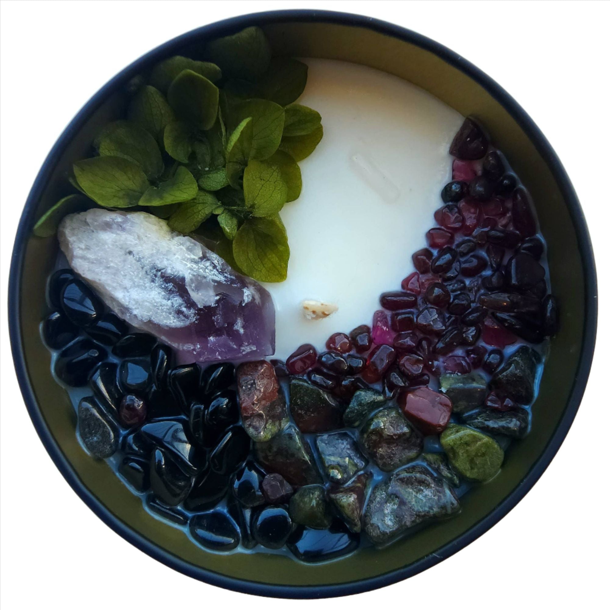 Top view of the 8oz Soy Crystal Intention Candle Longmu (Mother of Dragons) with Amethyst, Black Obsidian, Dragon Blood Jasper, and Garnet crystals. Scented with Dragon's Blood and Bamboo.